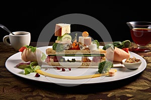 deconstructed sandwich ingredients artistically arranged on plate