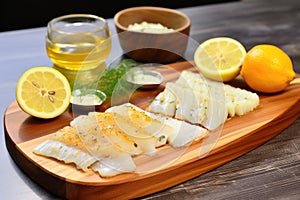 deconstructed shot of baked cod and sliced lemon on board