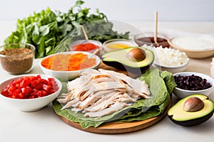 deconstructed view of turkey and avocado wrap ingredients