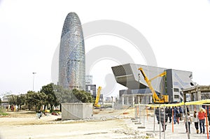 Deconstruction works of the ring road with Agbar tower and design museum of Les Glories in Barcelona