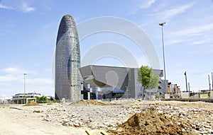 Deconstruction works of the ring road with Agbar tower and design museum of Les Glories in Barcelona