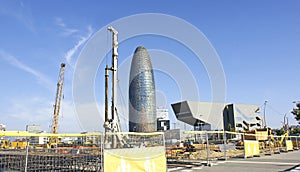 Deconstruction works of the ring road with Agbar tower and design museum of Les Glories in Barcelona