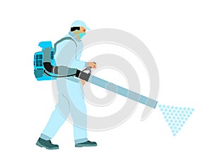 Decontamination against corona virus applying chemical spray. Cleaning man in medical protective gear, face mask vector.