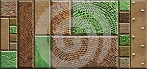 Decor for ceramic tile. Textures of stone, metal rivets, meshy material. Geometrical background. photo