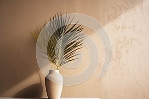 decor concrete 3d shadows wall vase beige home interior sunlight design. Generative AI.