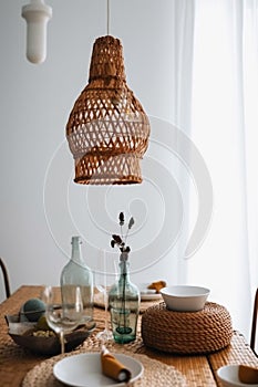 decor dining table rattan style kitchen lamp room beige furniture. Generative AI.