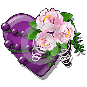 Decor form of heart purple color decorated with fresh flower buds pink peony and curly ribbon isolated on white