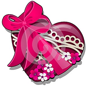 Decor form of heart red color decorated with fresh flower buds with pink ribbon bow isolated on white background. Vector