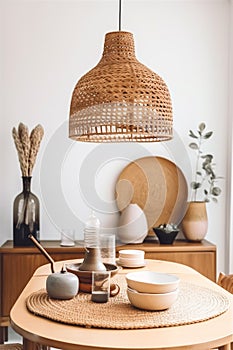 decor furniture style lamp beige table room rattan kitchen dining. Generative AI.