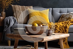 decor home cushion yellow modern window grey house pillow sofa interior. Generative AI.