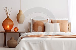 decor home orange indoor pillow bed fall lamp modern design interior. Generative AI.