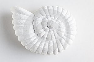 Decor for home in shape of snail shell on white background. Ammonite prehistoric fossil. Nautilus shell