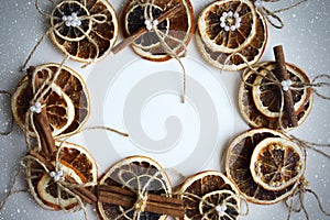 Decor for New year and Christmas. Oranges and cinnamon tied with string. Preparation for the holiday.