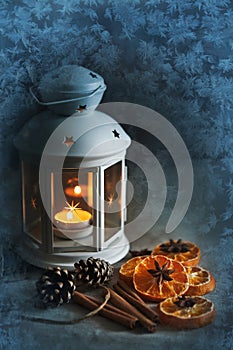 Decor of spices and citrus, frost patterns