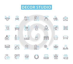 Decor studio linear icons set. Furniture, Textiles, Lighting, Arrk, Accessories, Wallpaper, Rugs line vector and concept