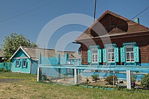 Decor of village houses in the village of Posolskoye on Lake Baikal.