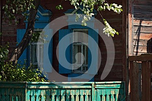 Decor of village houses in the village of Posolskoye on Lake Baikal.