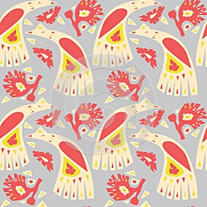 Decoralive floral seamless vector pattern with birds and flowers. Ethno handmade style background