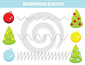 Decorate spruce handwriting practice sheet. Educational children game. Preschool Tracing for toddlers. Christmas and new year