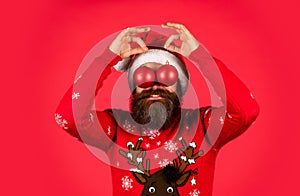 Decorate your home. Bearded hipster man hold christmas decoration. Run xmas party. Organise party. Optimism concept