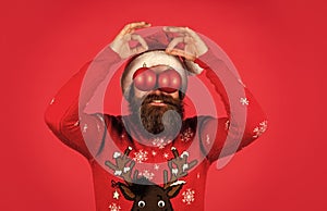 Decorate your home. Bearded hipster man hold christmas decoration. Run xmas party. Organise party. Optimism concept