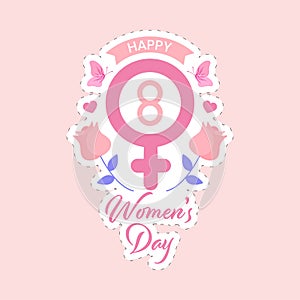 Decorated 8th March Venus Symbol With Happy Women`s Day Sticker Against Pink