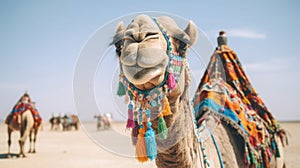 Decorated Arabian camel for a tourist camel ride