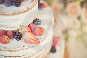 Decorated by berries naked cake, rustic style for weddings, birthdays and events.