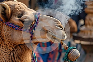 Decorated camel exhaling smoke at cultural event photo