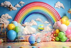 Decorated children\'s room. Rainbow, clouds and colorful balloons on blue wall