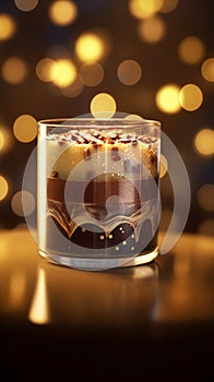 Decorated black and white chocolate mousse in a decorative glass on a cozy blur background