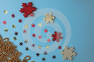 Decorated Christmas background with christmassy ornaments and decorations. Top view with copy space Christmas composition