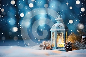 Decorated Christmas, burning candles, lantern on snow and fir tree branch on magic bokeh lights background, lights and blue colors