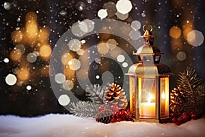 Decorated Christmas, Burning candles, lantern on snow and fir tree branch on magic bokeh lights background, gold and dark red