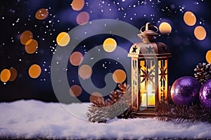 Decorated Christmas, burning candles, lantern on snow and fir tree branch on magic bokeh lights background, gold and dark violet