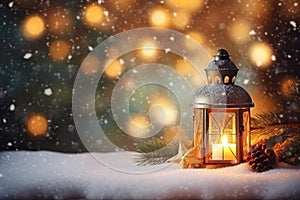 Decorated Christmas, burning candles, lantern on snow and fir tree branch on magic bokeh lights background, light orange and dark