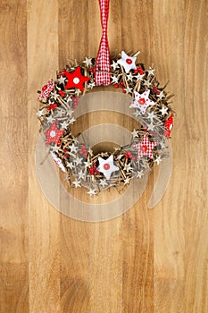 Decorated Christmas Door Wreath Red White Cloth Stars on Sapele