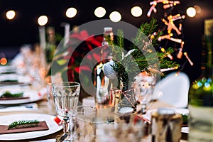 Decorated Christmas holiday table ready for dinner