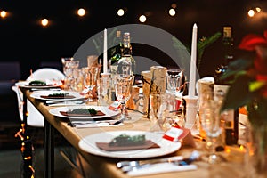 Decorated Christmas holiday table ready for dinner