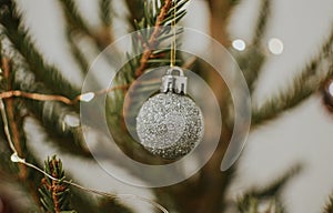 Decorated christmas live tree with garland and shiny christmas ball for holiday and gifts photo