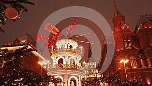 Decorated Christmas Manezhnaya Square in Moscow near the Red Square. Beautiful Holiday scenery with holiday decorations