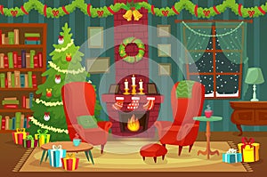 Decorated christmas room. Winter holiday interior decorations, armchair near fireplace and xmas tree vector background