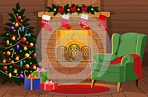 Decorated Christmas room with xmas tree, gifts, fireplace, armchair