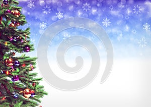 Decorated christmas tree on bokeh background. 3D illustration