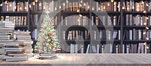 Decorated Christmas tree on Bookshelf in the library with old books, Holidays in Bookstore concept 3d render