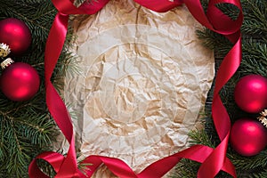 Decorated Christmas tree branches around Paper