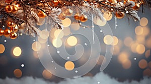 Decorated christmas tree branches background, in the center space for copy, golden colors, magic lights, white background,