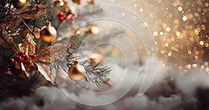 Decorated christmas tree branches background, in the center space for copy, golden colors, magic lights, white background,