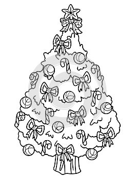 Decorated Christmas tree. Children coloring book raster