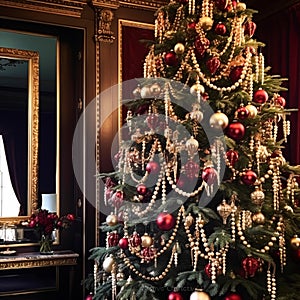 Decorated Christmas tree with classic ornaments and decorations, English country house and cottage style, Merry